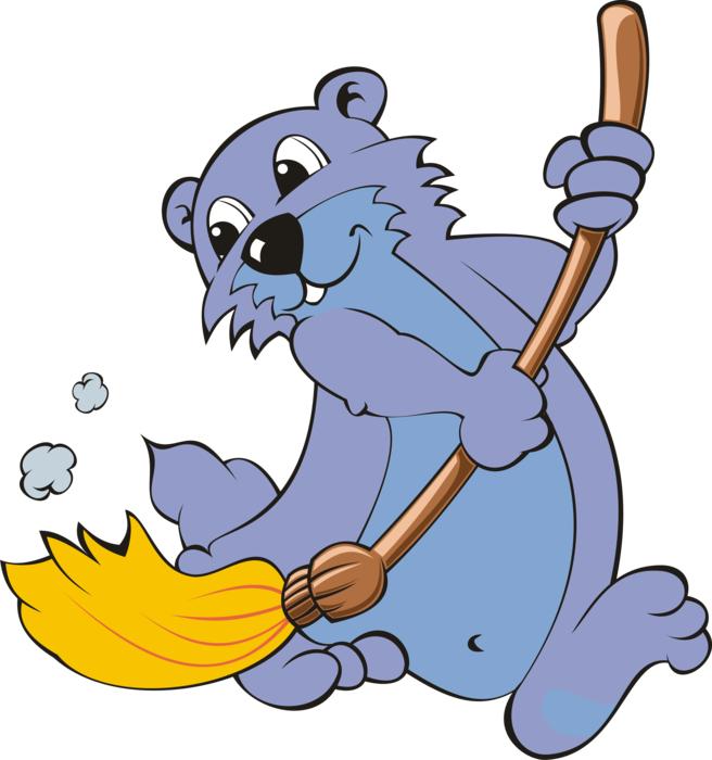 Blue bear with a broom