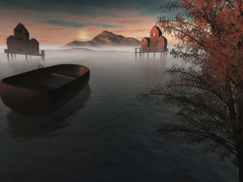 lake boat fog morning water
