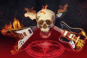 drawn two burning electric guitars and a skull