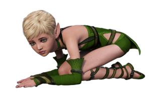 3d model of the blonde elf in green clothing, at white background