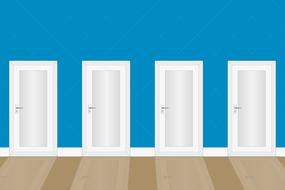 White doors in the room with blue wall and wooden floor, clipart