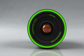 Close-up of the beautiful, green, neon camera lens