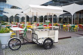 Outdoor tables under umbrellas