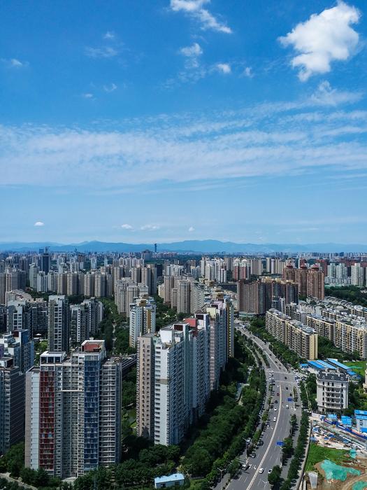 blue sky stretches over the city