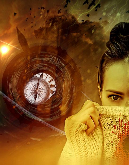 Colorful clipart with the girl covering face, and clock, among the shapes, clipart