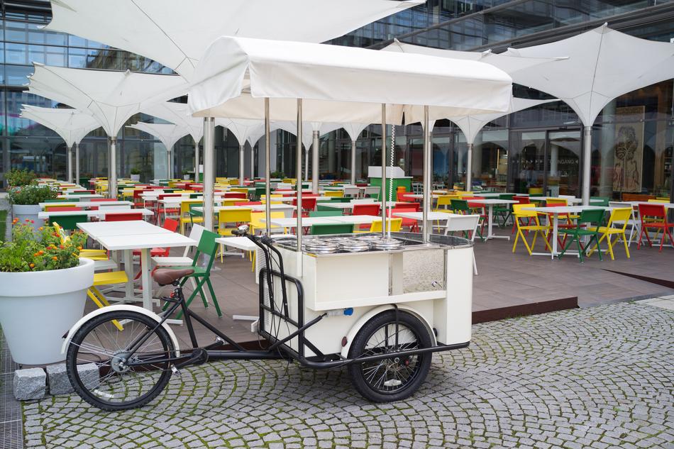 Outdoor tables under umbrellas