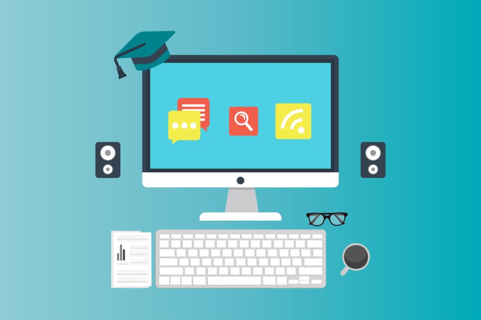 Colorful model of monitor with icons, and other devices, at blue background, clipart
