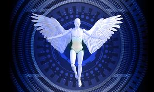 Model of a robot, with the wings, at background with the blue pattern and globe, clipart