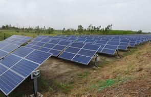 Beautiful landscape with the solar panels, among the colorful plants, near the Narmada Canal, Gujarat, India, under the clouds