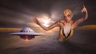 3d model of the woman with patterns, in colorful clothing, in the water, near the ufo, among the clouds, clipart