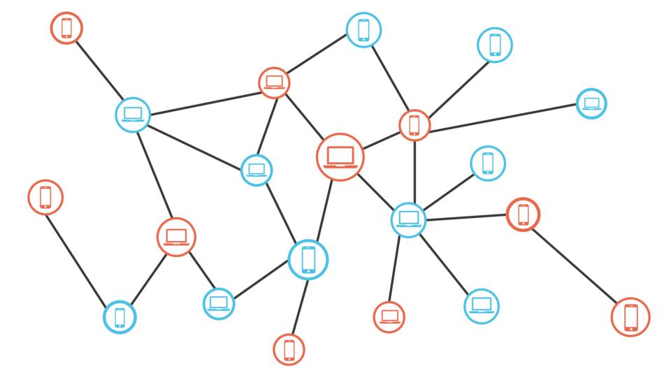 Orange, blue, black and white blockchain with the smartphones and laptops, clipart