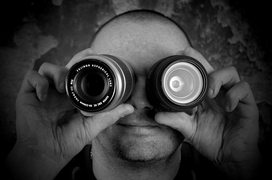 Black and white portrait of the man, looking in the lenses