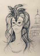 sketch, woman in mask in Venice