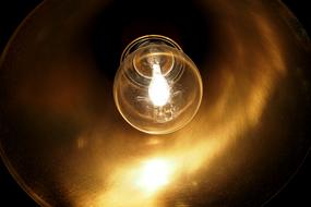 Close-up of the glowing pear light bulb with light, among the darkness