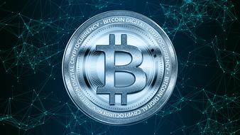 Shiny, round "Bitcoin" sign, at background with the turquoise network, clipart