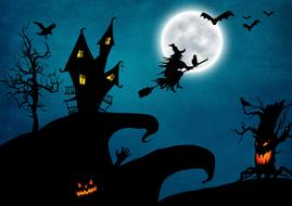 halloween the witch moon cat bats