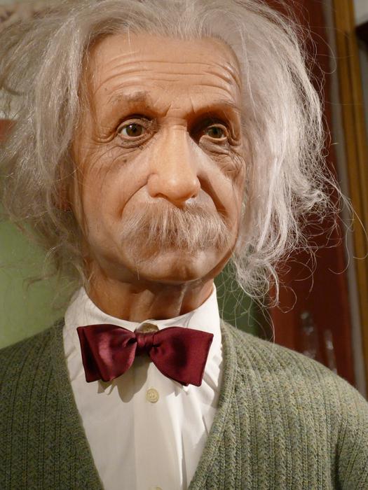 Portrait of the wax figure of Albert Einstein, with the red bow tie, in Hamburg, Germany
