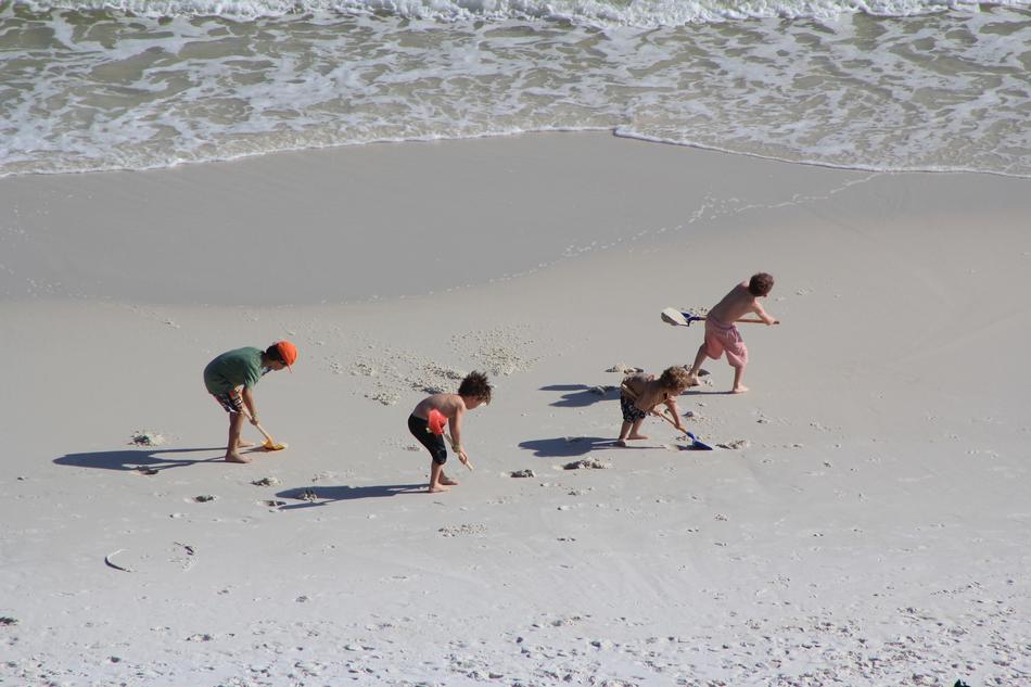 Kids Working On A Beach Sand