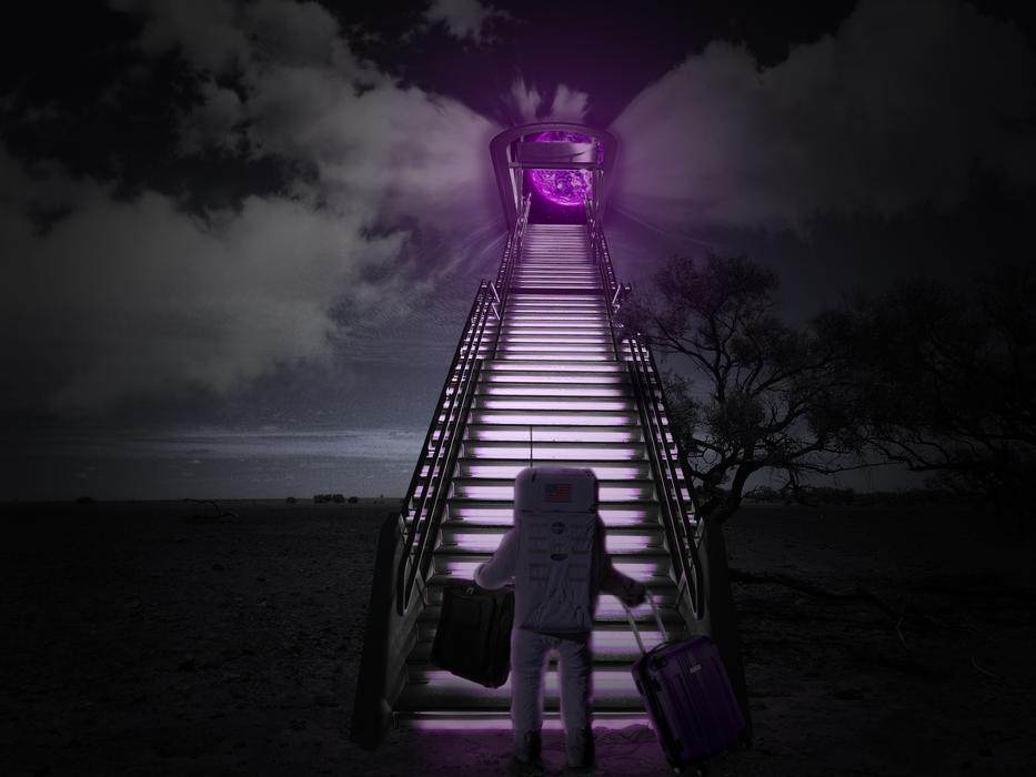purple escalator lighting to heaven