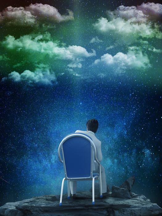Man sitting on the chair and looking on the colorful starry sky with clouds, clipart