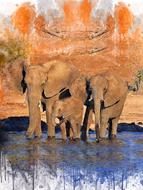 Elephants Family drinking water from river, digital art