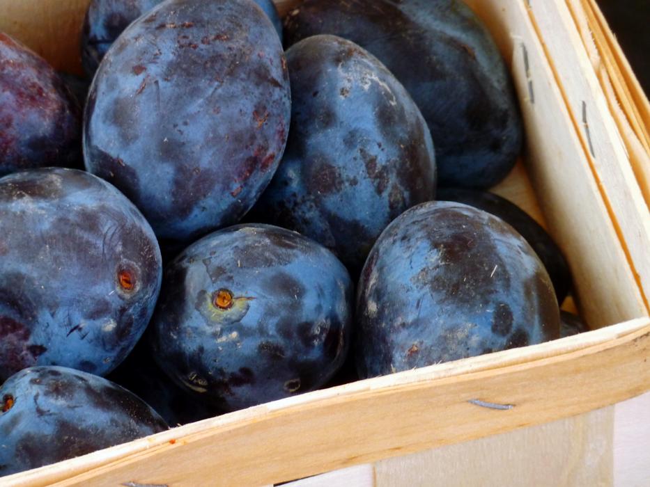 ripe plums in a wooden box