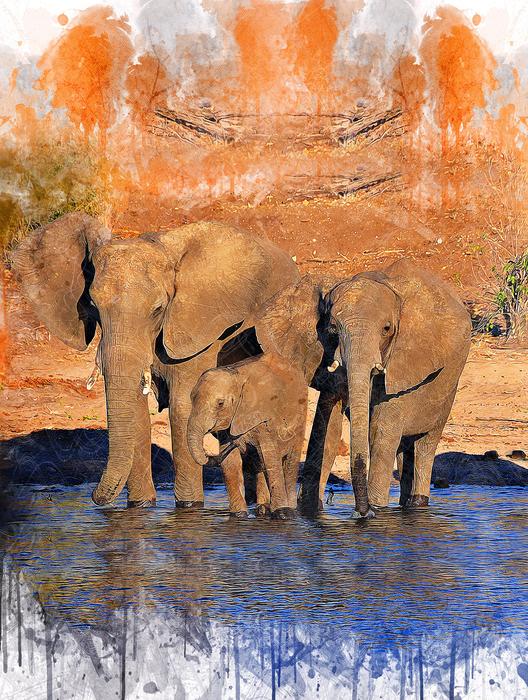 Elephants Family drinking water from river, digital art