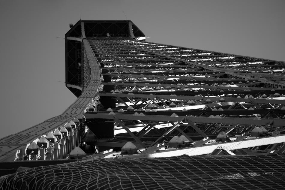 black and white, vertical panorama of the Eiffel Tower