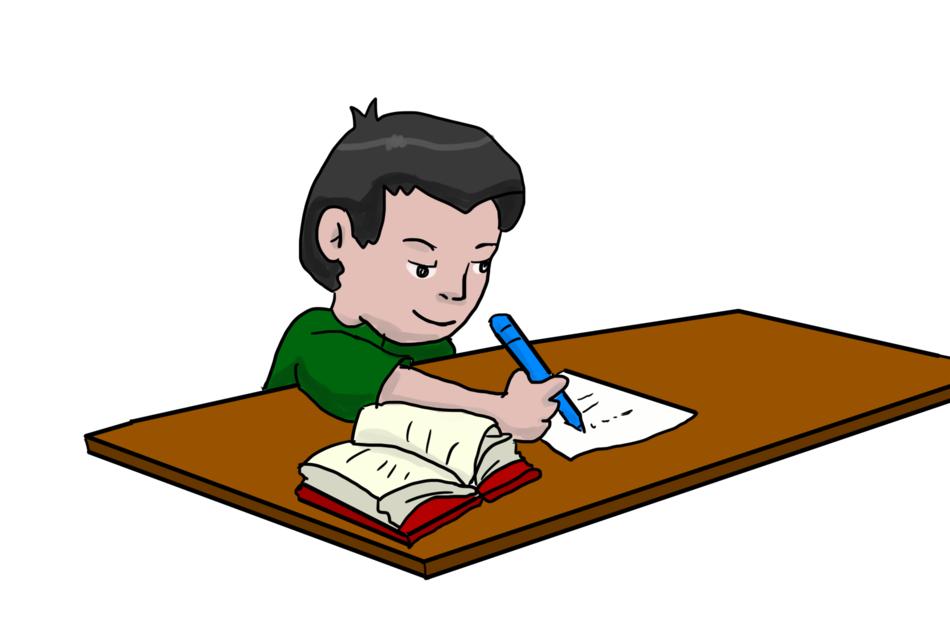 cartoon boy doing homework at his desk
