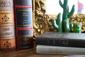 books, decor and mirror on the table