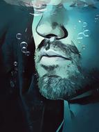 Colorful and beautiful portrait of the guy with beard, underwater, of different shades, clipart