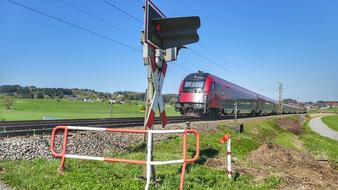 Landscape with the train on the railway, among the plants, under the blue sky