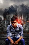 Portrait of the man with sunglasses, at background with the city in smoke, clipart