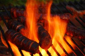 Juicy sausages on fire