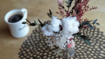 Fluffy flowers on the background of a coffee mug