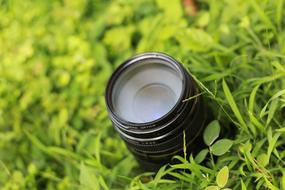 Canon camera lens on green grass