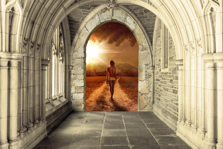 Landscape with the girl in past life, among the old building with arches, clipart