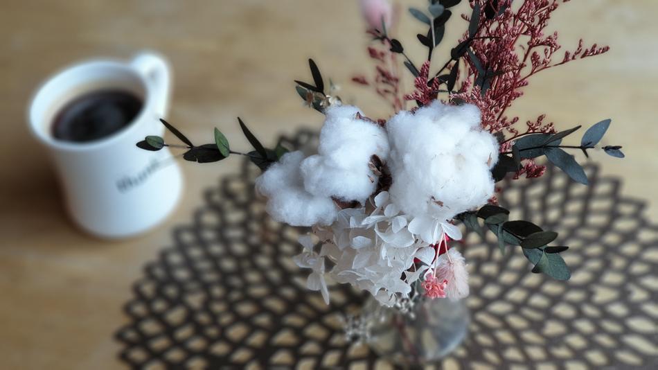 Fluffy flowers on the background of a coffee mug