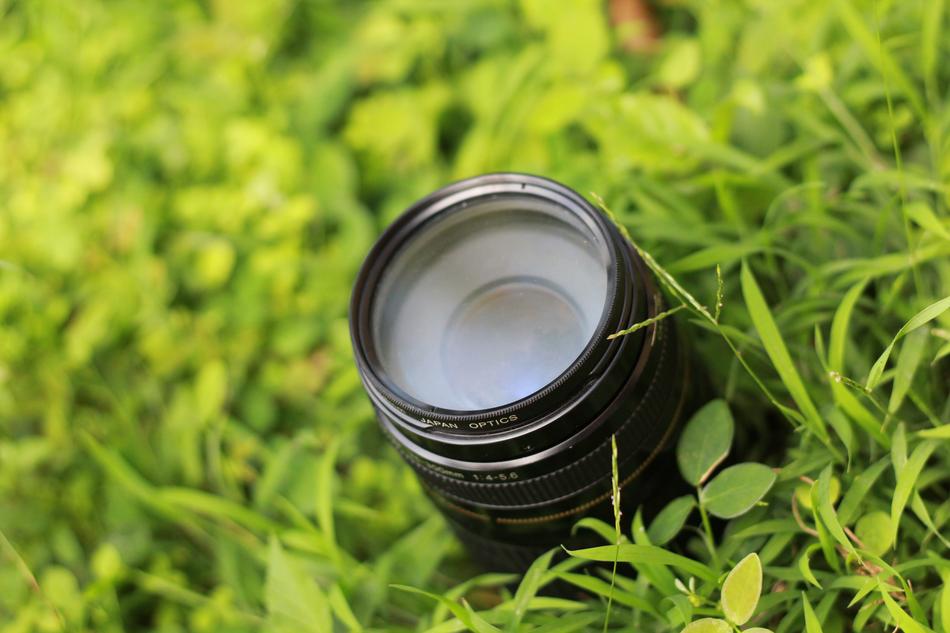Canon camera lens on green grass