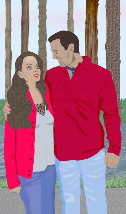 Colorful painting of the woman and man, near the tree trunks