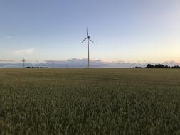 wind turbine energy in a wide field at dusk