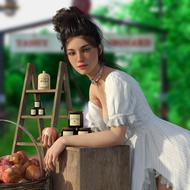 Portrait of the girl with make-up, and wearing white dress, near the products, among the green plants