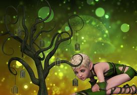 3d model of the blonde fairy girl hiding near the tree, at colorful background with bokeh lights