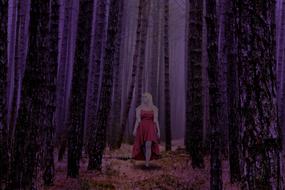 a girl in a red dress among the trees