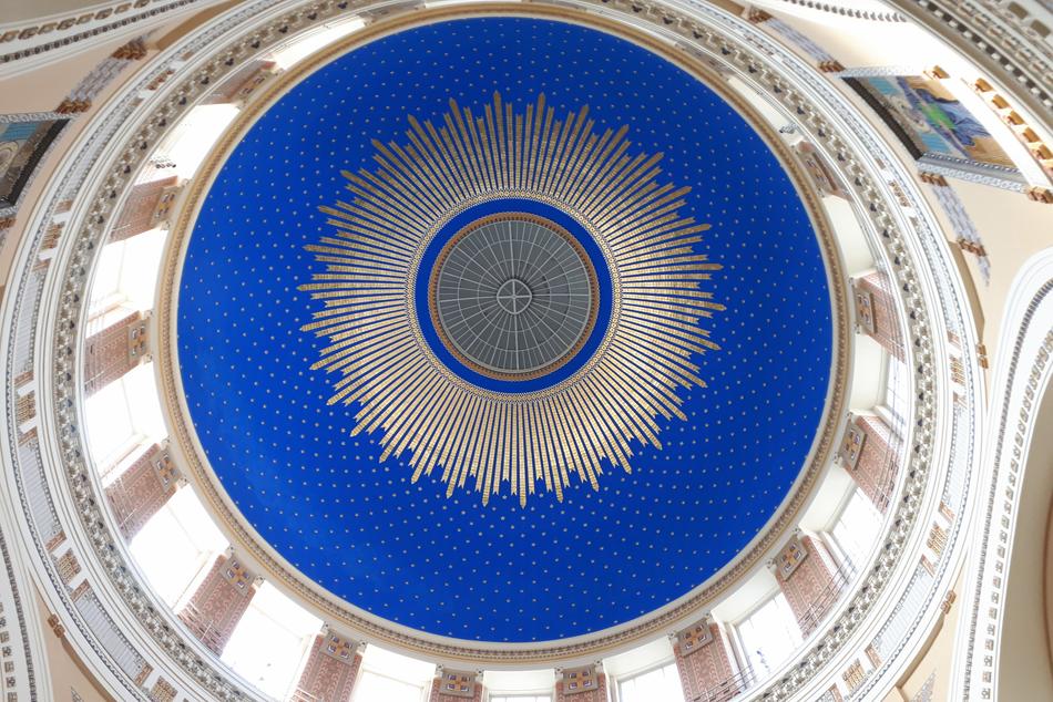 The blue roof of the temple is beautiful