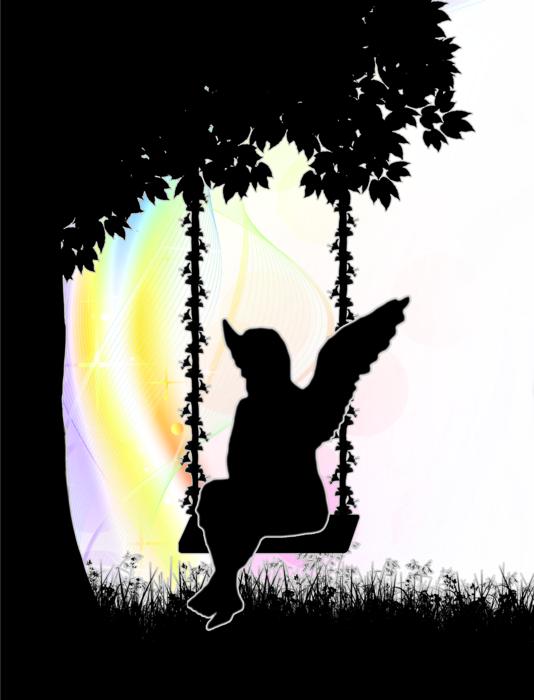 the black silhouette of an angel on a swing.