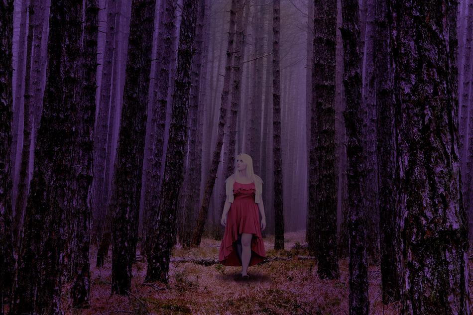 a girl in a red dress among the trees
