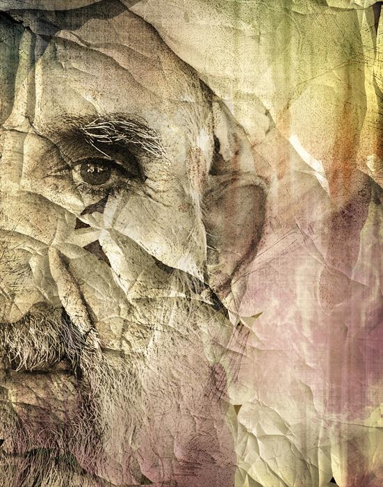 Colorful, old portrait of the man with moustache, with folds and shapes
