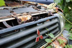 Old, vintage "Mitsubishi" car, with the logo, among the colorful plants