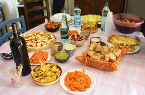 table full of food and drinks